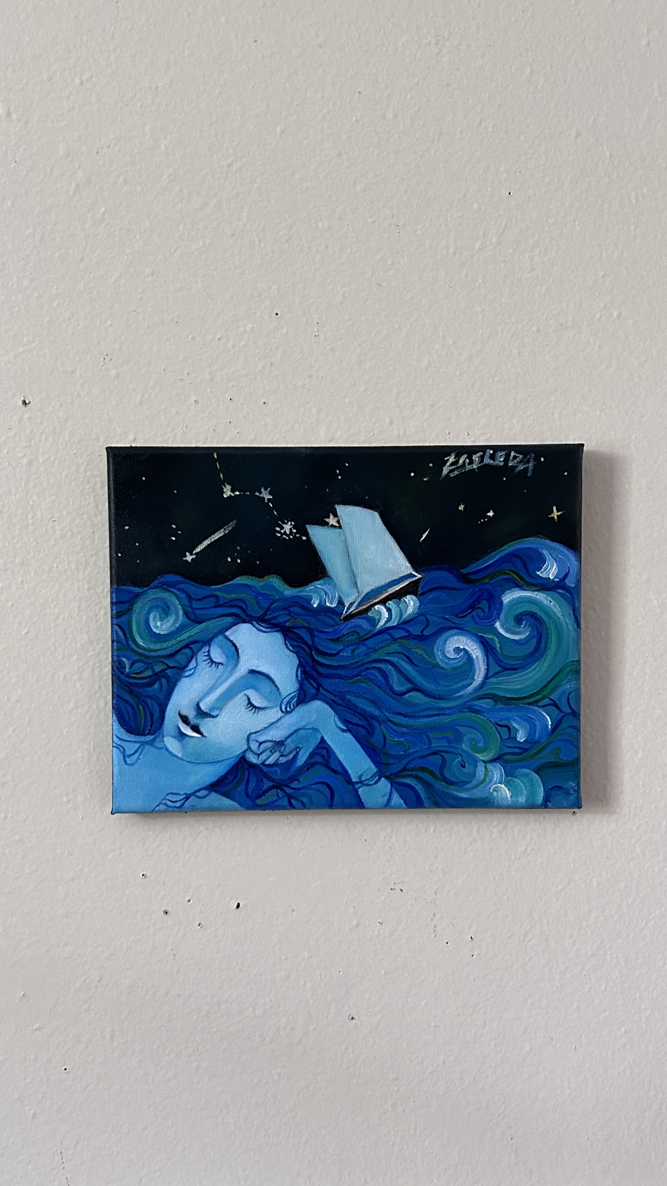 Blue wave portrait with sailboat and constellation