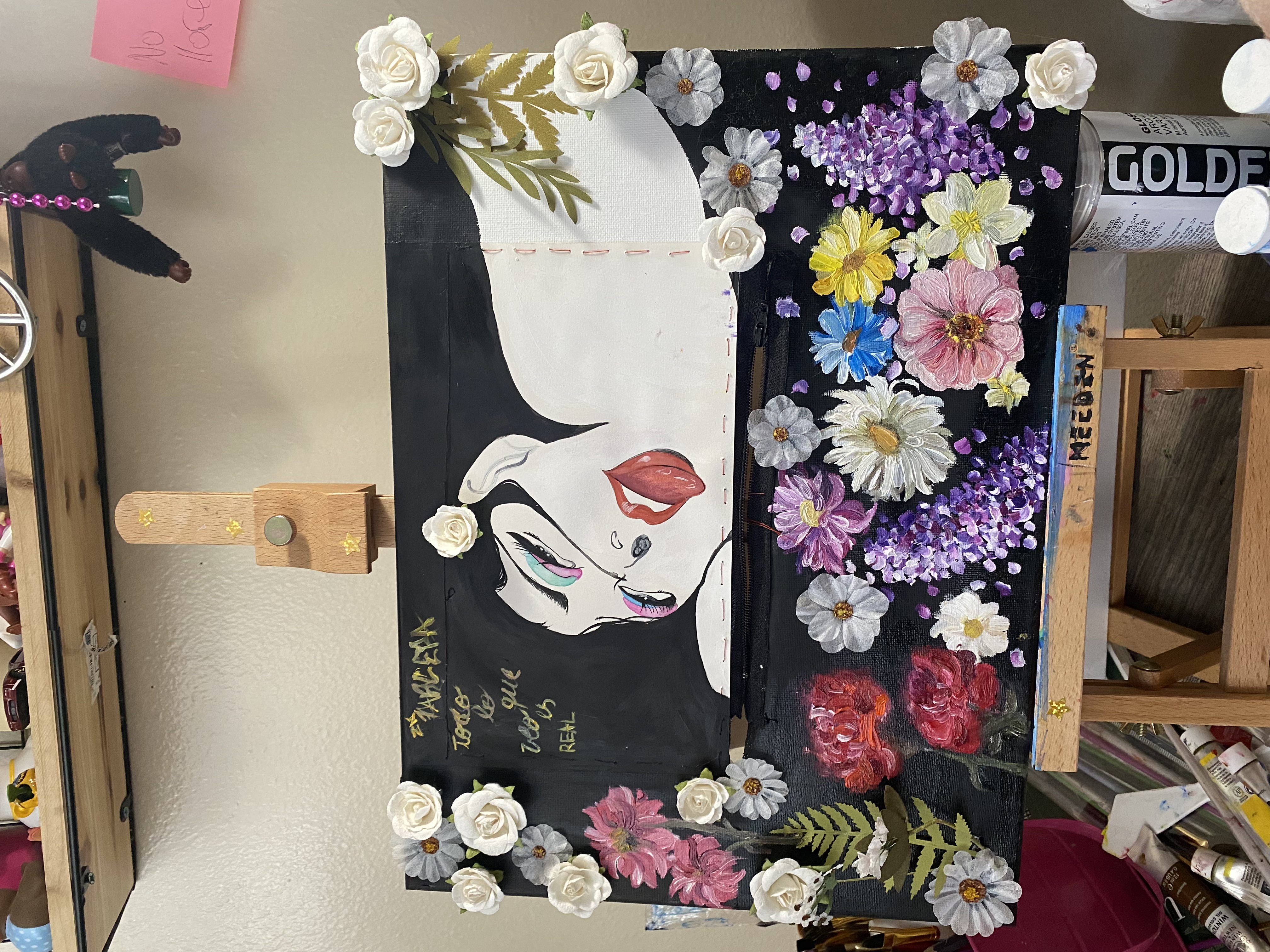 Mixed media piece with paper flowers