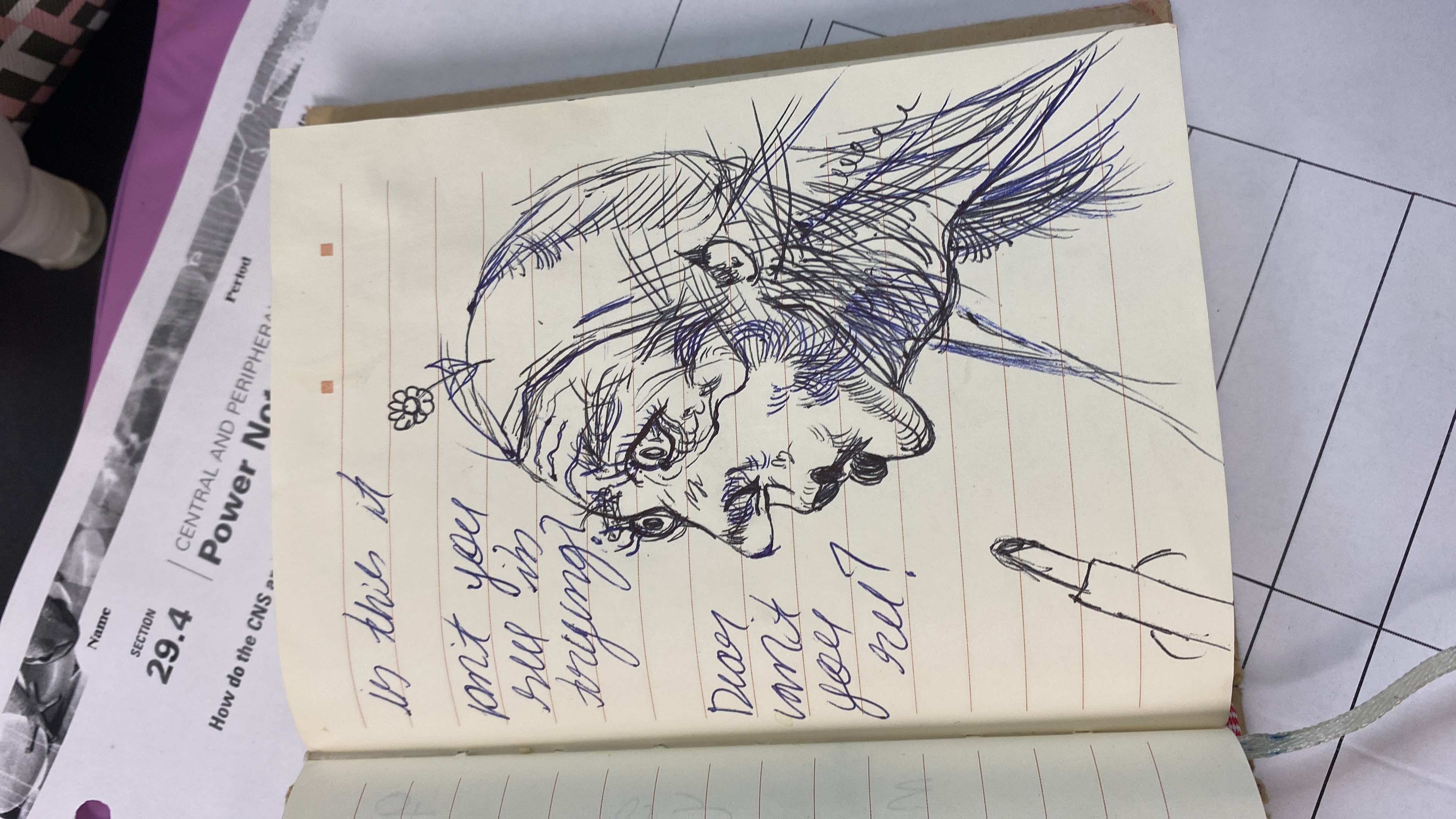 Winged figure sketch with handwritten poem